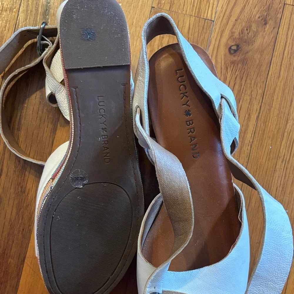 Lucky Brand Cream Multicolor Striped Wedge Wrap Strap Sandals Sz 6